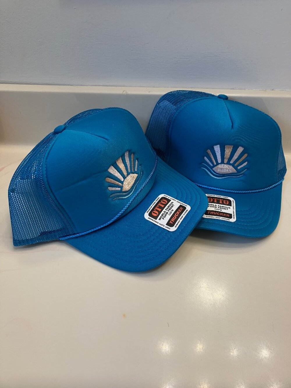 New (2) Beachwaver Turquoise Adjustable Hat w/Sun/Wave Embroidery